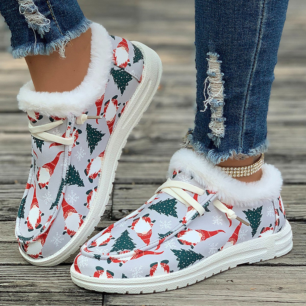 Wholesale Christmas Printed Winter Lace Up Plush Flat Bottomed Cotton Shoes